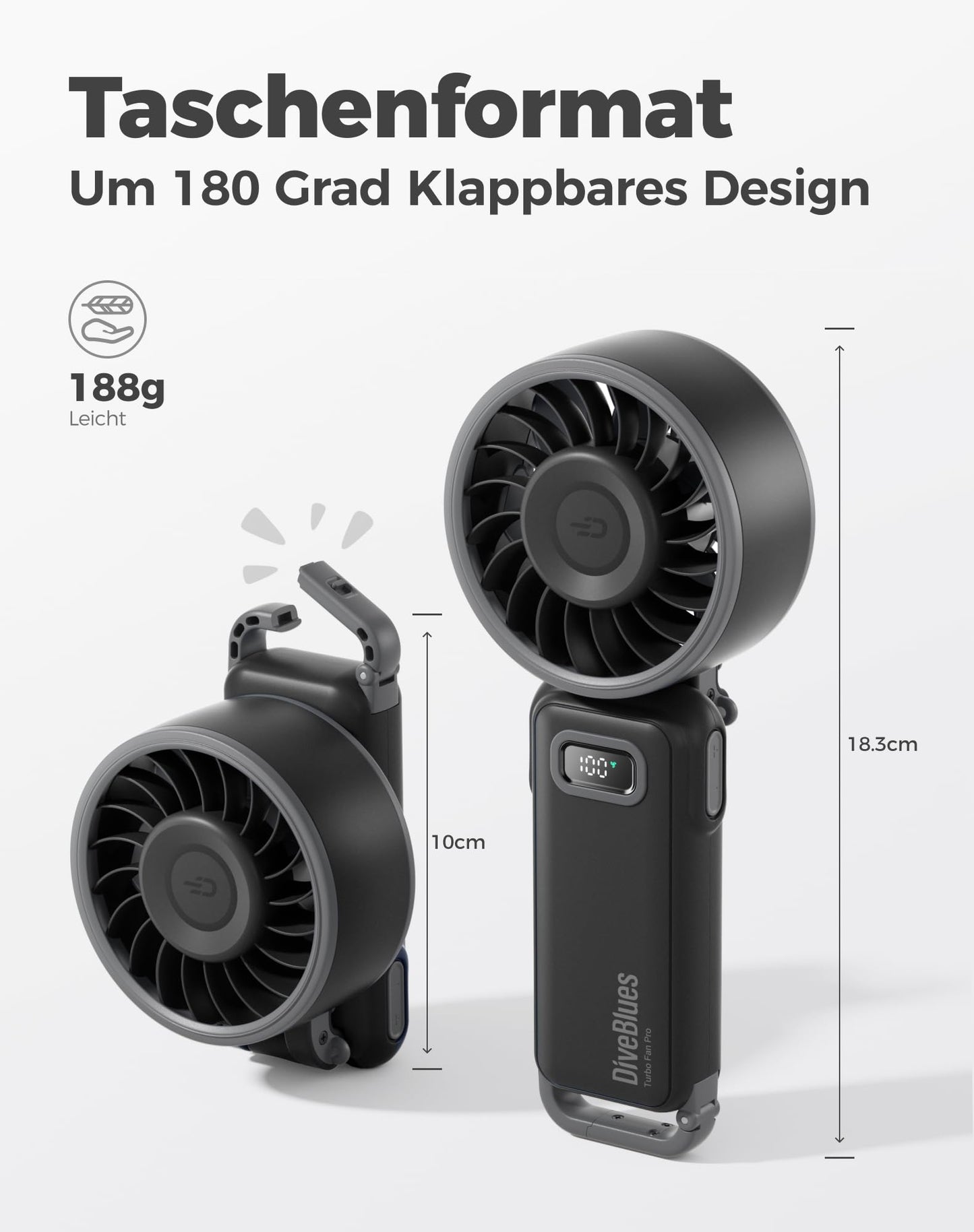 Diveblues - Handventilator Akku Aufladbar - 100 Stunfen Mini Ventilator Leistungsstarker Luftstrom mit Turbo-Technologie, 4 in 1 Tragbarer Ventilator 180° Faltbarer Bis zu 12 Stunden Kühlung