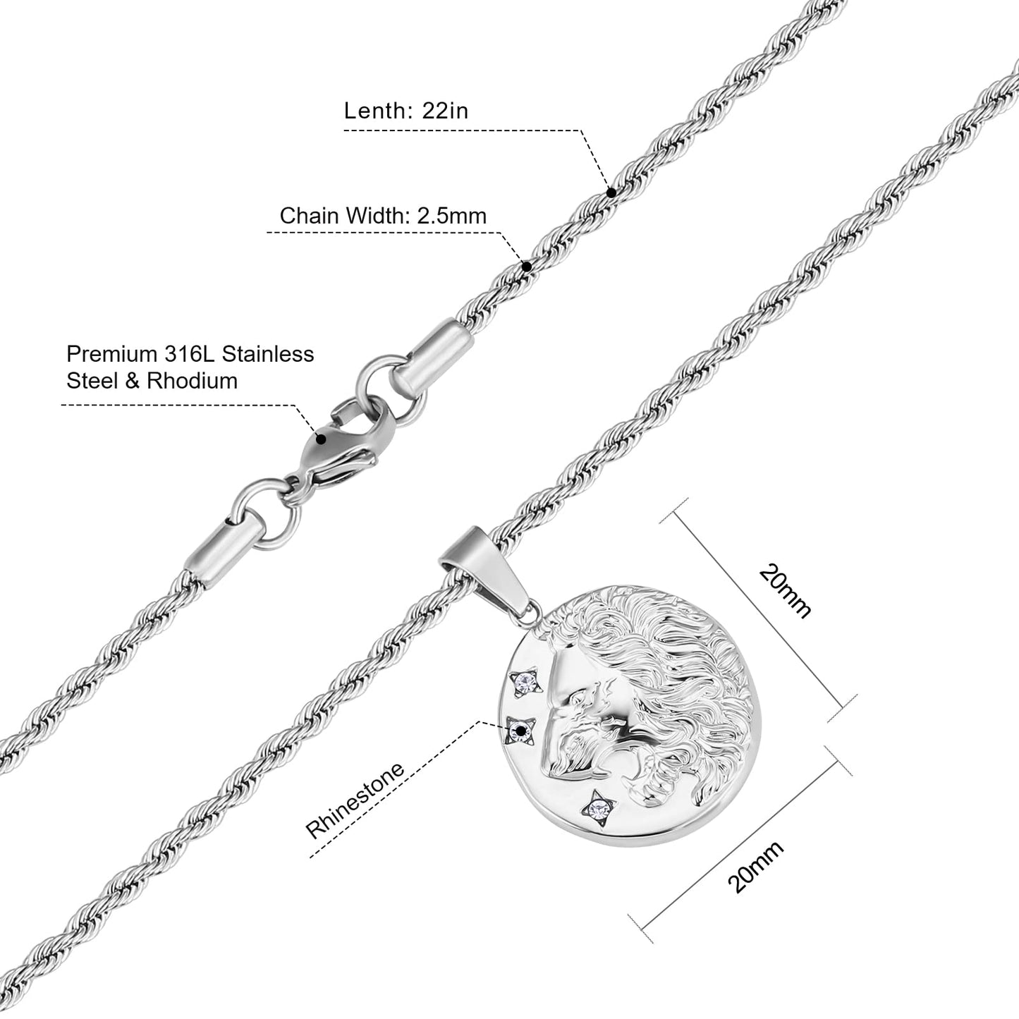 KRKC&amp;CO Löwe Kette Herren Münze Sternzeichen Anhänger Silberkette, 2,5mm 55,9cm Kordelkette Kettenanhänger Silber, Edelstahl Medaillon Halskette, Geburtstagsgeschenk für Männer Jungen Freund