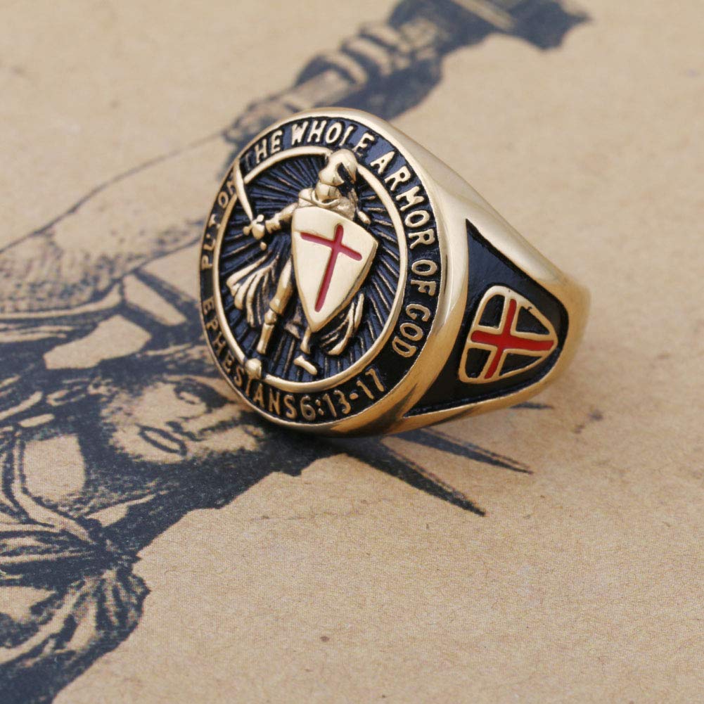 KOVEVE Put On The Whole Armor Of God Prayer Mens Cool Jewelry Ring Knights Templar, Gold