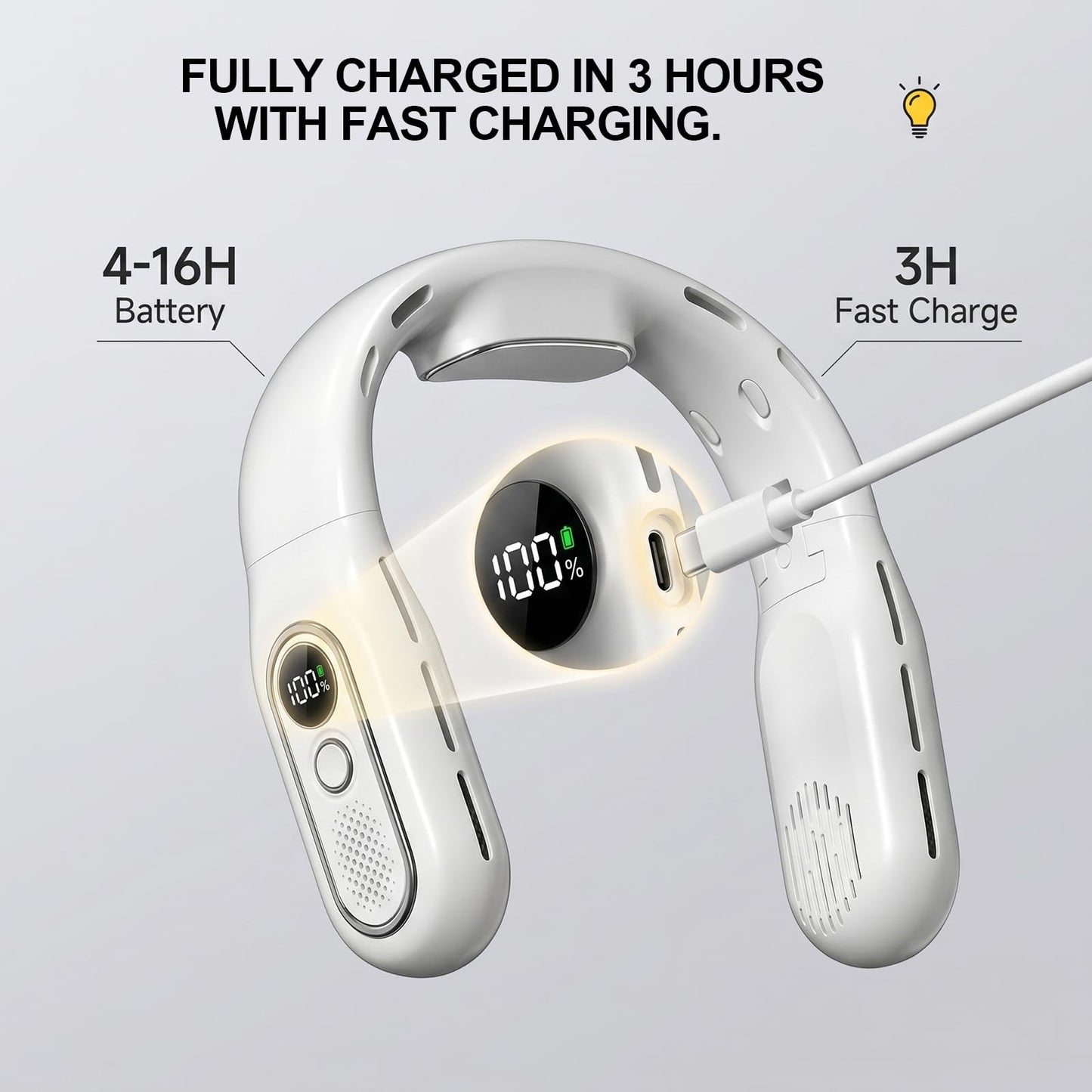 Faltbarer Halsventilator, ohne Flügel, tragbar, Luftstrom 360°, USB-Ventilator, wiederaufladbar, 3000 mAh, 3 Geschwindigkeitsstufen, USB-Halsventilator mit LED-Anzeige, für Sport und Reise (weiß)