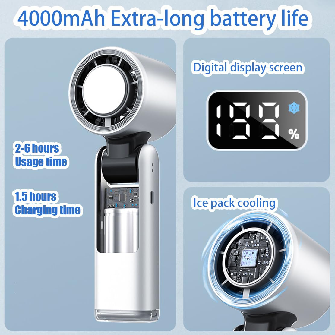 Portable Handheld Cooling Ice Fans, Folding Mini Powerful Cold Fan, 4000mah Rechargeable, 2-6 Hours Of Battery Life Can Be Worn Around The Neck Held In The Hand or Placed On A Table (Grey)