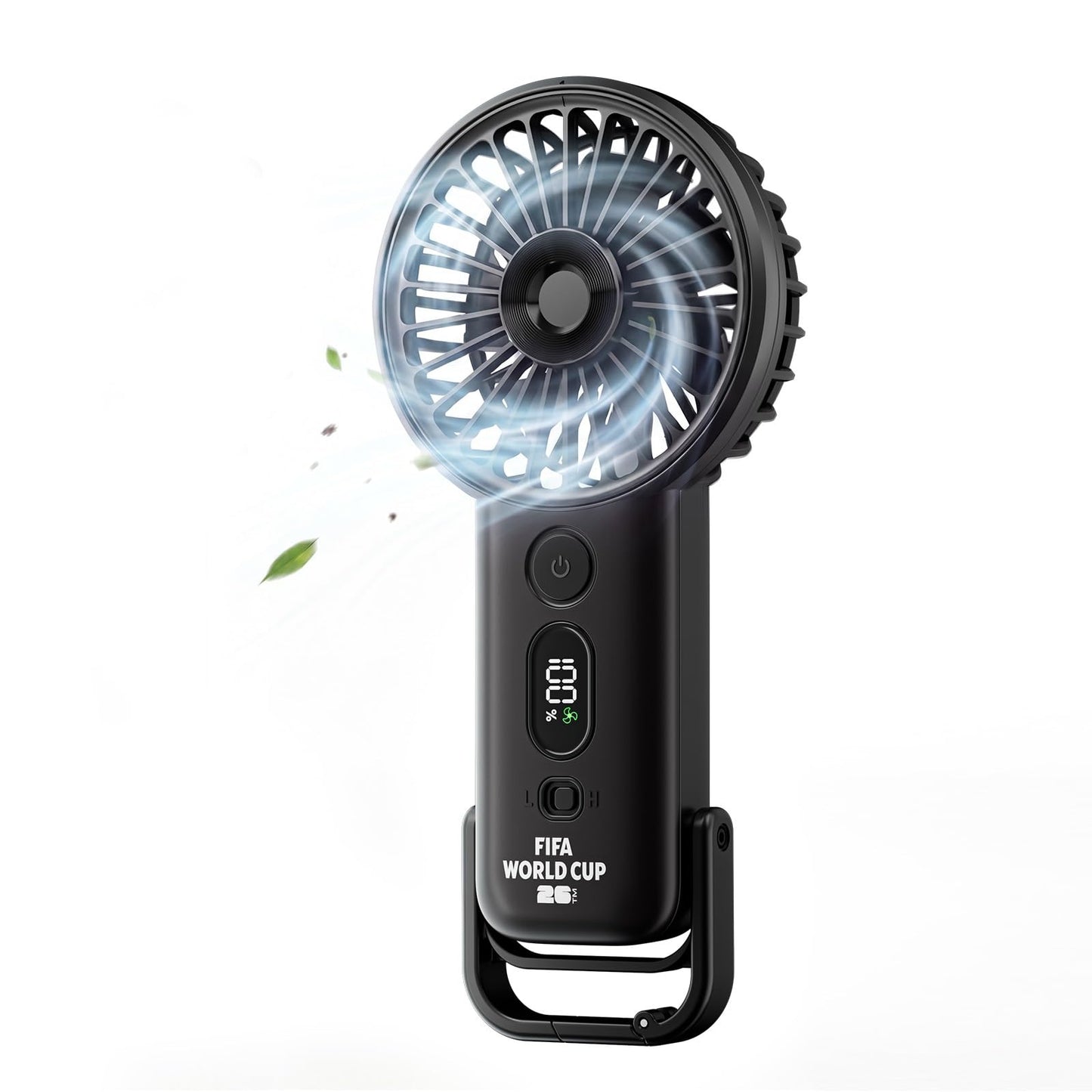 FIFA WM 2026 lizenzierter Hand-Turbo-Ventilator, tragbar mit 5 Stufen, 4.000mAh Akku, LED-Anzeige & Taschenlampe, Tisch-/Aufhängefunktion, Fußball Geschenk (Schwarz)