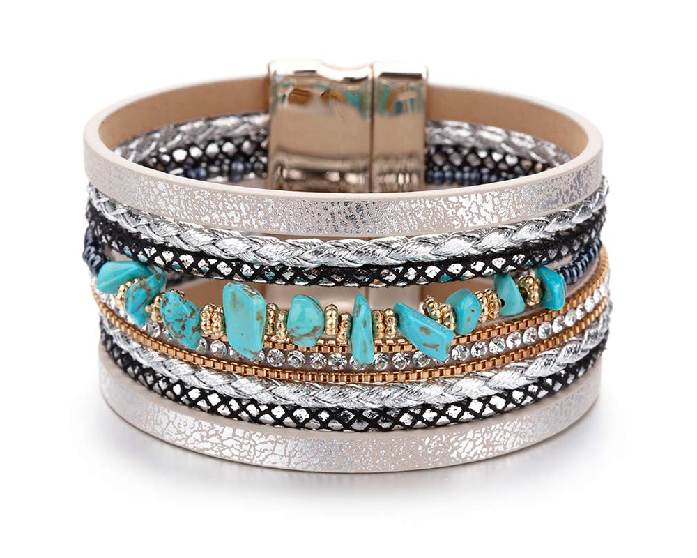 Fesciory Leder-Wickelarmbänder für Damen, Boho-Leoparden-Armband mit mehrschichtigen Kristallperlen, Manschettenarmband, Schmuck