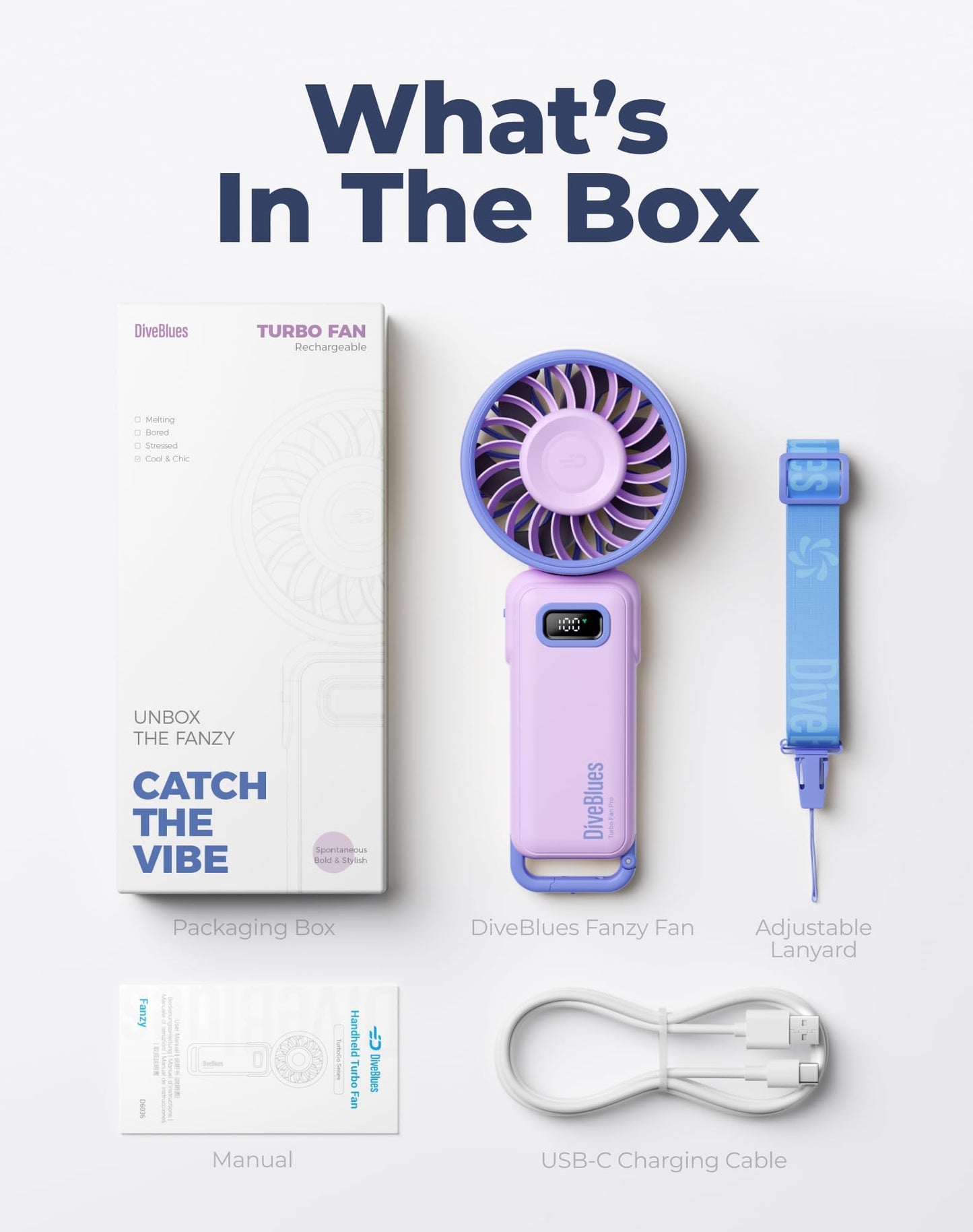 Diveblues Portable Handheld Fan D6036 Cream | 7.4m/s High Speed Turbo, 180° Foldable 4-in-1, Personal Neck Fan with Carabiner Clip, 100 Speed Stepless Control
