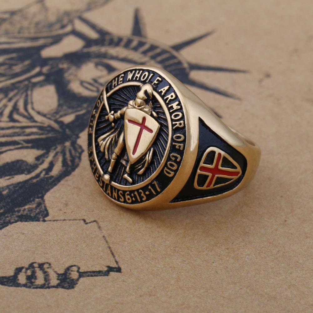 KOVEVE Put On The Whole Armor Of God Prayer Mens Cool Jewelry Ring Knights Templar, Gold