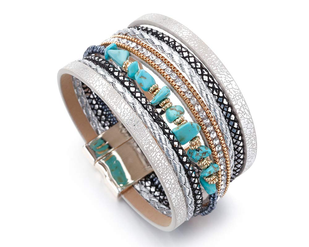 Fesciory Leder-Wickelarmbänder für Damen, Boho-Leoparden-Armband mit mehrschichtigen Kristallperlen, Manschettenarmband, Schmuck