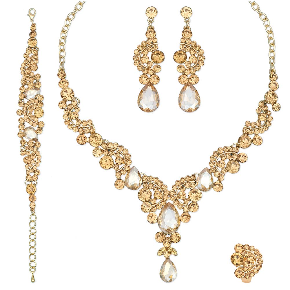 CSY 4-teiliges Set mit eleganten Kristall-Halsketten, Ohrringen, Armbändern und Ringen, Brautschmuck für Hochzeiten, Kostümschmuck-Sets für Bräute und Frauen (vergoldet, Champagner)