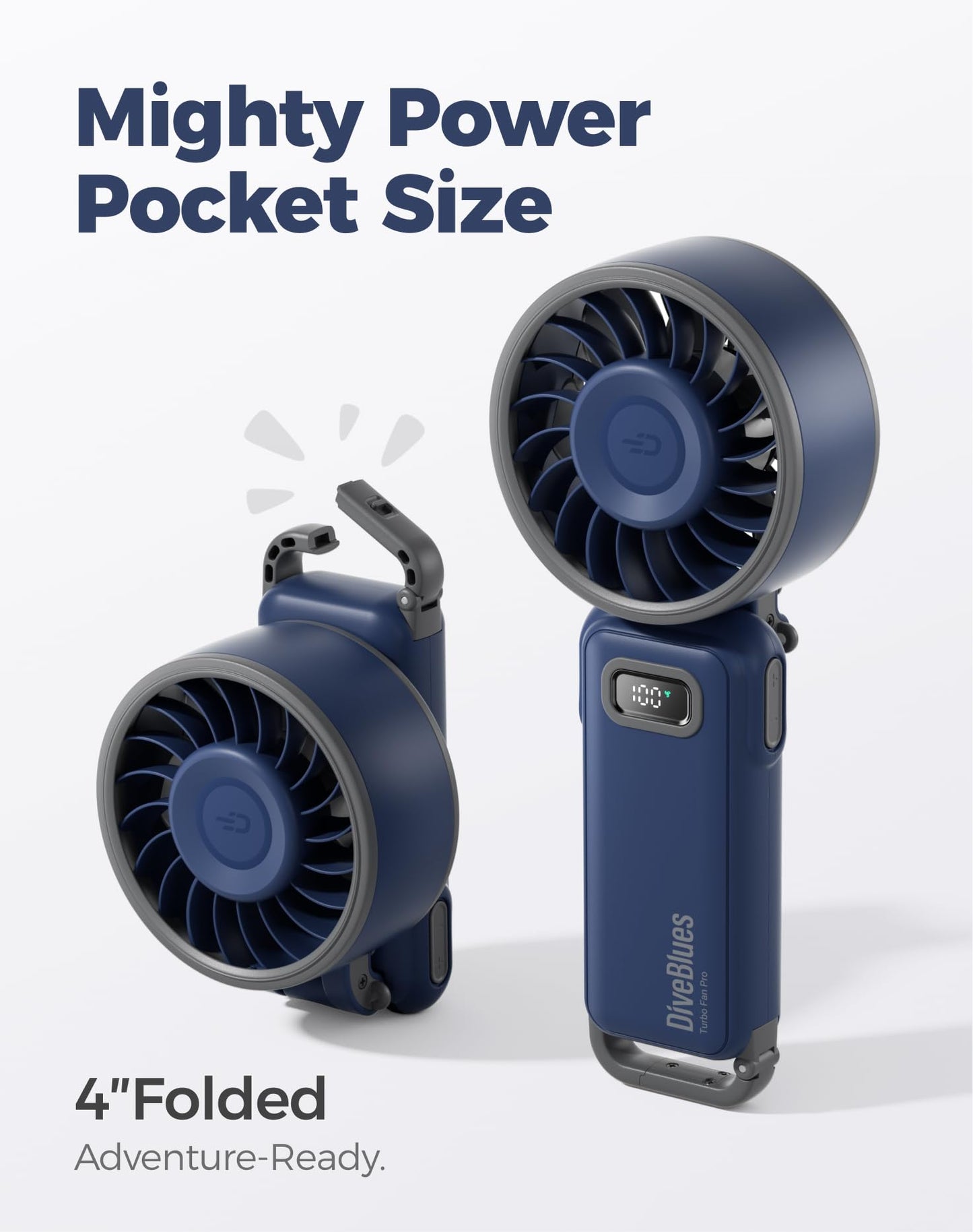 Diveblues Portable Handheld Fan D6036 Cream | 7.4m/s High Speed Turbo, 180° Foldable 4-in-1, Personal Neck Fan with Carabiner Clip, 100 Speed Stepless Control