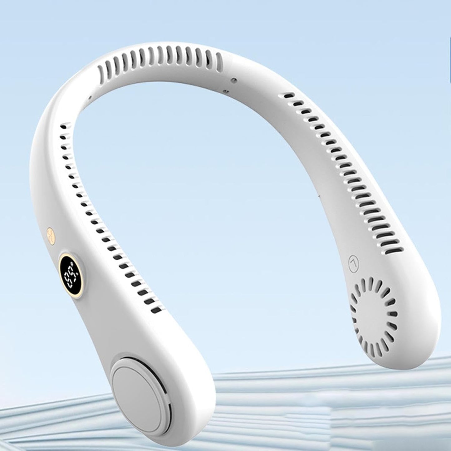 Tragbarer Ventilator, freihändiger Ventilator ohne Flügel, wiederaufladbar, Kopfhörer-Design, USB-betriebener Kühlventilator für Damen und Herren, 5 Geschwindigkeiten