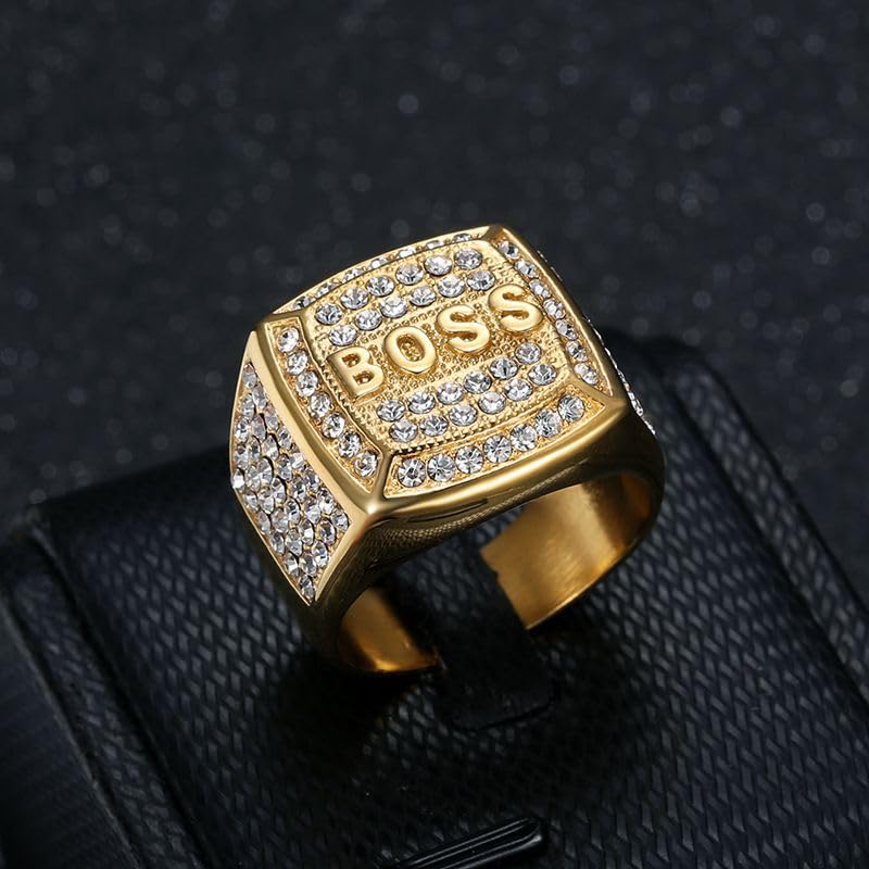Fanshu Edelstahl Titan Luxus AAA Zirkon mit 18K vergoldet Iced Out Hip Hop Boss Ring für Männer Frauen Freund Geburtstagsparty Geschenk Modeschmuck (11)