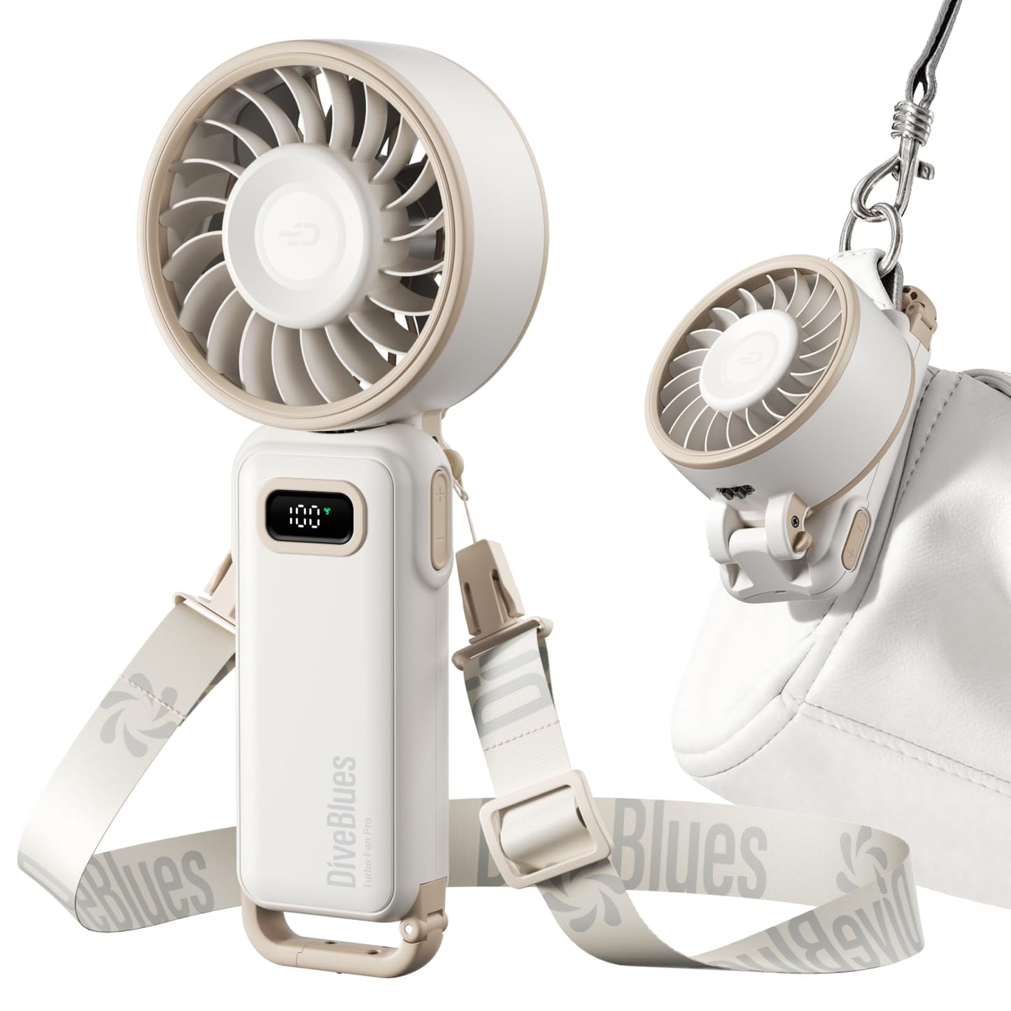 Diveblues - Handventilator Akku Aufladbar - 100 Stunfen Mini Ventilator Leistungsstarker Luftstrom mit Turbo-Technologie, 4 in 1 Tragbarer Ventilator 180° Faltbarer Bis zu 12 Stunden Kühlung