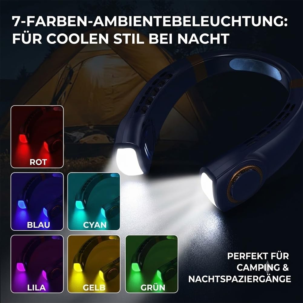 Nackenventilator, Nackenventilator mit Kühlung 5 Leise Geschwindigkeiten, Tragbarer Nackenventilator mit Display und LED-Licht in 7 Farben, Hals Ventilator für Sommer Küche, Unterwegs (Weiß)