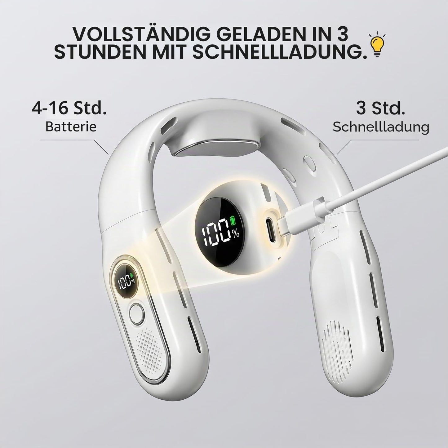 Faltbarer Halsventilator, ohne Flügel, tragbar, Luftstrom 360°, USB-Ventilator, wiederaufladbar, 3000 mAh, 3 Geschwindigkeitsstufen, USB-Halsventilator mit LED-Anzeige, für Sport und Reise (weiß)