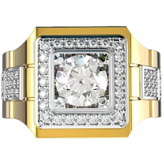 925 Sterling Silber Klassische Modeuhr Volldiamant Glänzend Herren 18K Gelbgold Zweifarbig Verlobungs- und Eheringe Zirkonia Rundschliff Hip Hop Ringe Herren Cocktail Party Ringe 644 (11)