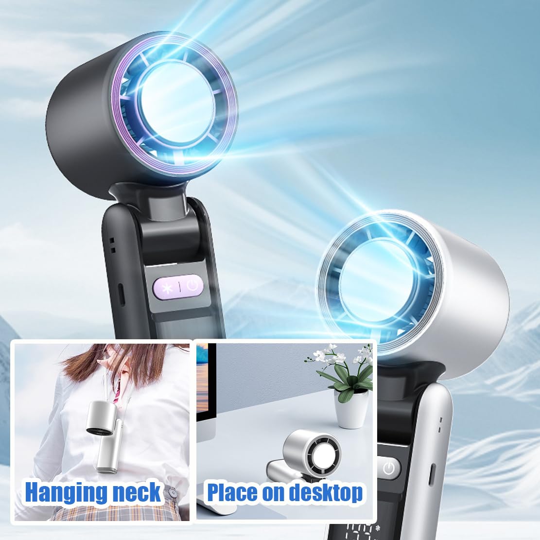 Portable Handheld Cooling Ice Fans, Folding Mini Powerful Cold Fan, 4000mah Rechargeable, 2-6 Hours Of Battery Life Can Be Worn Around The Neck Held In The Hand or Placed On A Table (Grey)