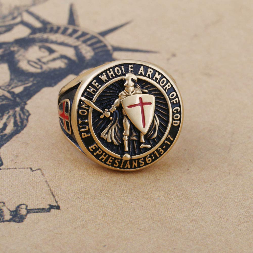 KOVEVE Put On The Whole Armor Of God Prayer Mens Cool Jewelry Ring Knights Templar, Gold