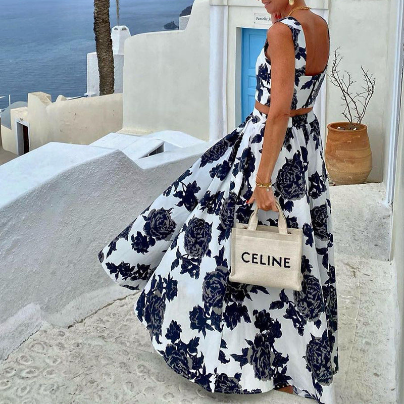 Modisches zweiteiliges Set aus Oberteil und Rock mit bedrucktem Hosenträgern