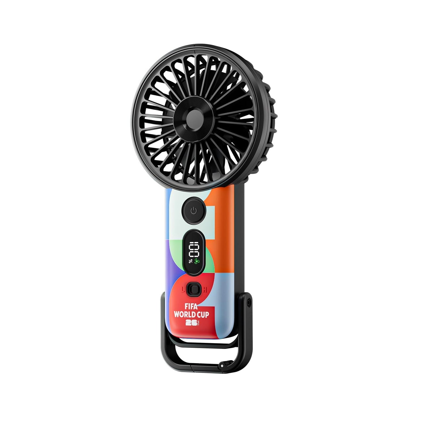 FIFA WM 2026 lizenzierter Hand-Turbo-Ventilator, tragbar mit 5 Stufen, 4.000mAh Akku, LED-Anzeige & Taschenlampe, Tisch-/Aufhängefunktion, Fußball Geschenk (Schwarz)
