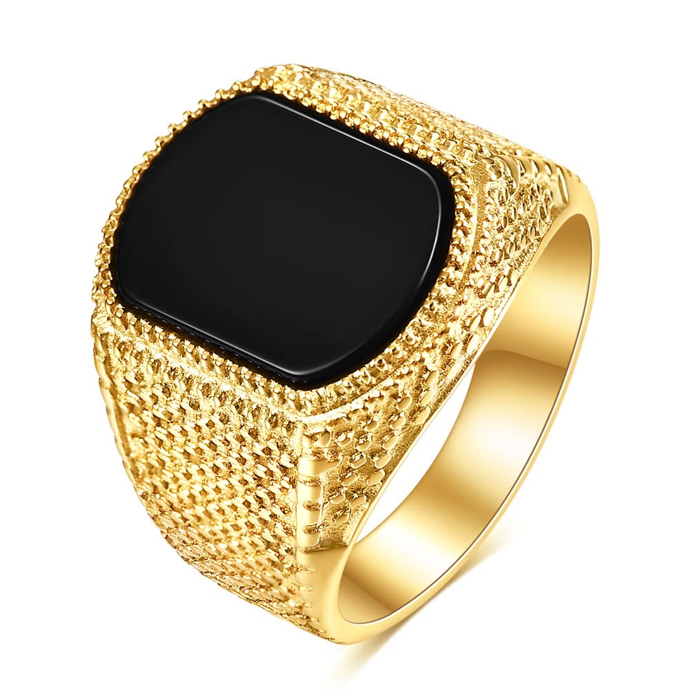 MYNENEY Retro-Vintage-Steinringe für Herren, Türkisringe, Edelstahl, Siegelring, Bikerband (Gold, 8)