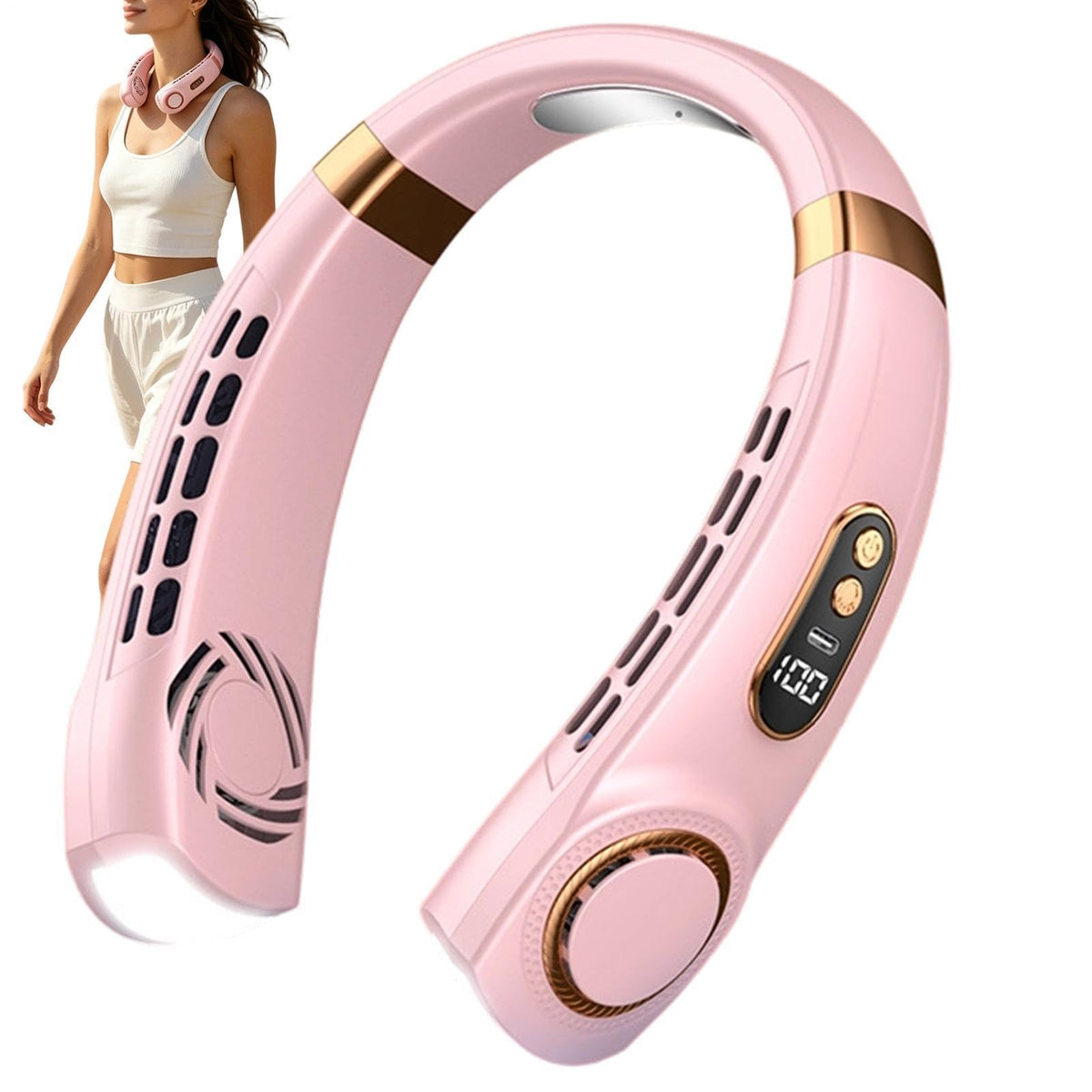Tragbarer Nackenventilator, leises Belüftungswerkzeug, wiederaufladbar, 5 Geschwindigkeitsstufen, tragbarer Schulterventilator mit Display und 7-farbigem LED-Licht, für Sommer, Reisen
