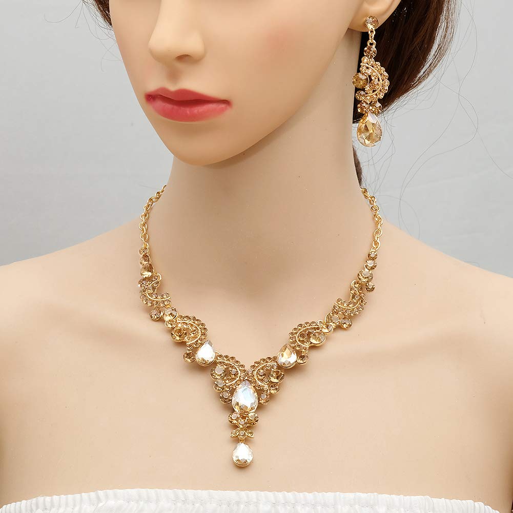 CSY 4-teiliges Set mit eleganten Kristall-Halsketten, Ohrringen, Armbändern und Ringen, Brautschmuck für Hochzeiten, Kostümschmuck-Sets für Bräute und Frauen (vergoldet, Champagner)