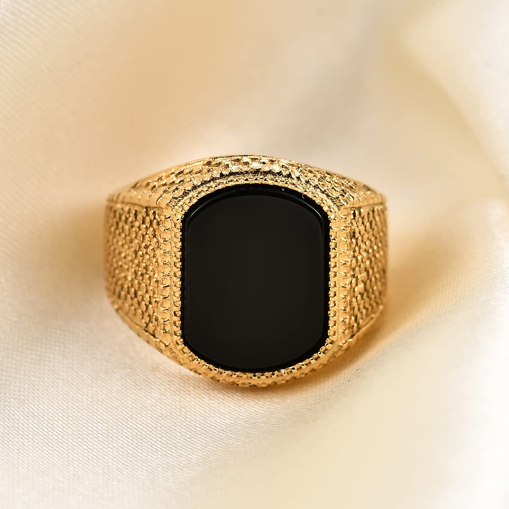 MYNENEY Retro-Vintage-Steinringe für Herren, Türkisringe, Edelstahl, Siegelring, Bikerband (Gold, 8)