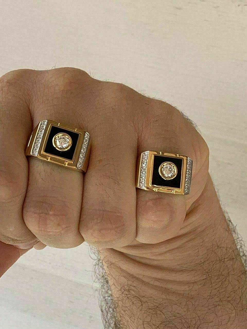 Massives 925er Sterlingsilber – 14 Karat Gold-Finish – Hip-Hop-Solitärring für Herren mit schwarzem Onyx – Größen 7–13, ideal als Ring für den kleinen Finger oder jeden anderen Finger (8)