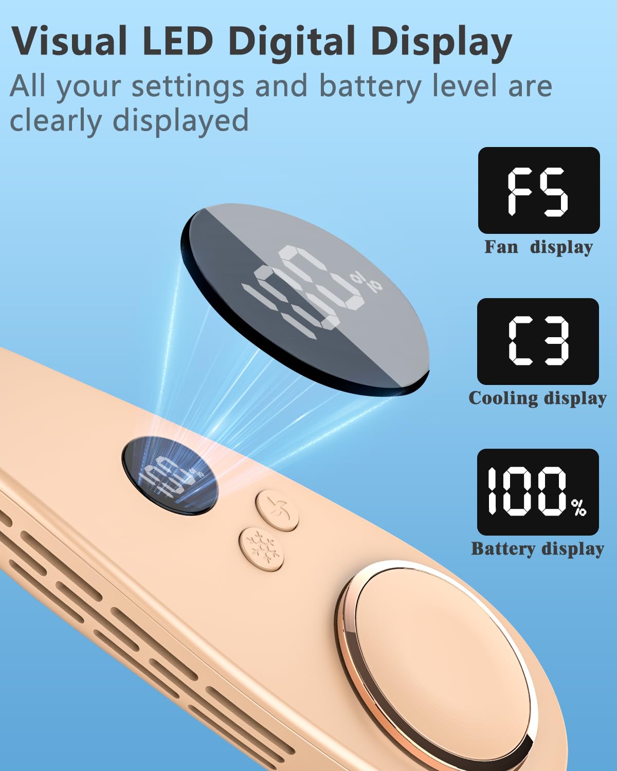 FWV Neck Fan with Cooling Plate, Quiet 30dB, 3-24Hrs Cooling,5500mAh Battery,LED Display Necklace AC Cooler, USB Bladeless Portable Personal Wearable Fans that Blow Cold Air for Men Women Kids Black
