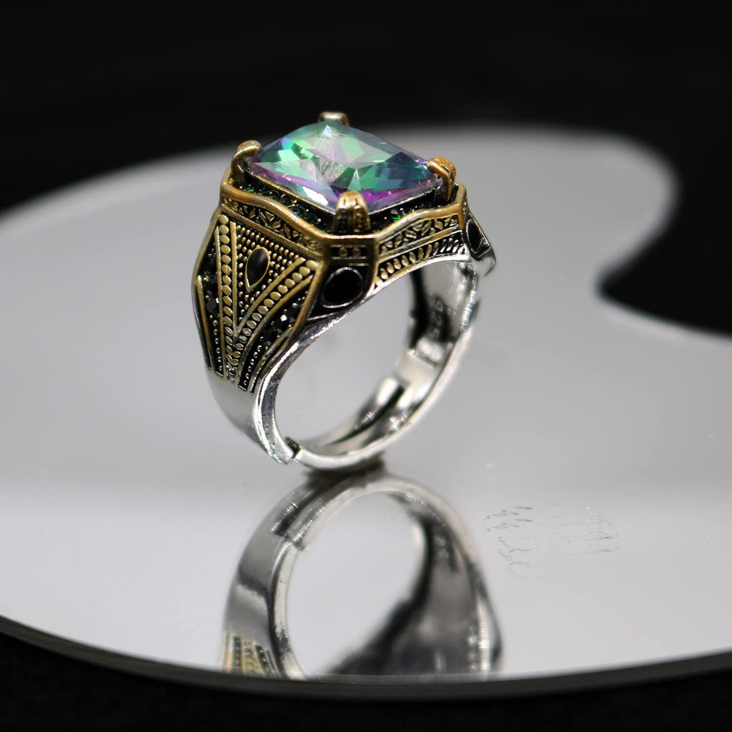 FUAHXYES Verstellbarer Vintage-Cocktailring mit rechteckigen Farben und Edelsteinen, luxuriöser Kristallzirkon, personalisierter Statement-Partyring für Männer, Modeschmuck, Geschenke, Gold/Silber, zweifarbig