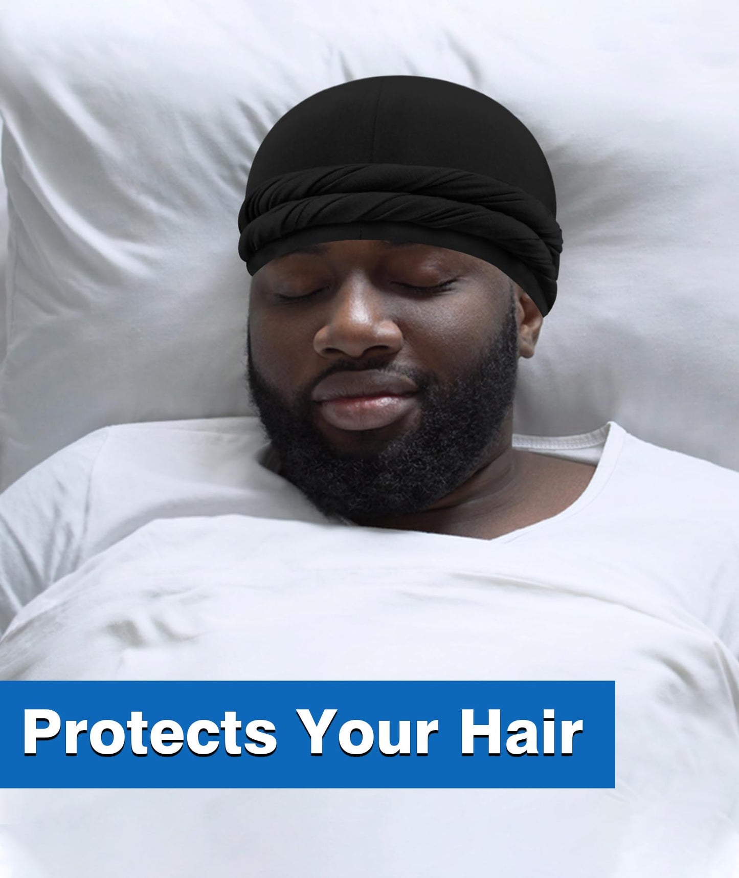 Ababalaya Verstellbarer, mit Satin gefütterter Halo-Turban-Durag für Männer und Frauen, Schlafhaube, Beanie-Mützen, vorgebundene Kopftücher gegen Haarausfall, Schwarz