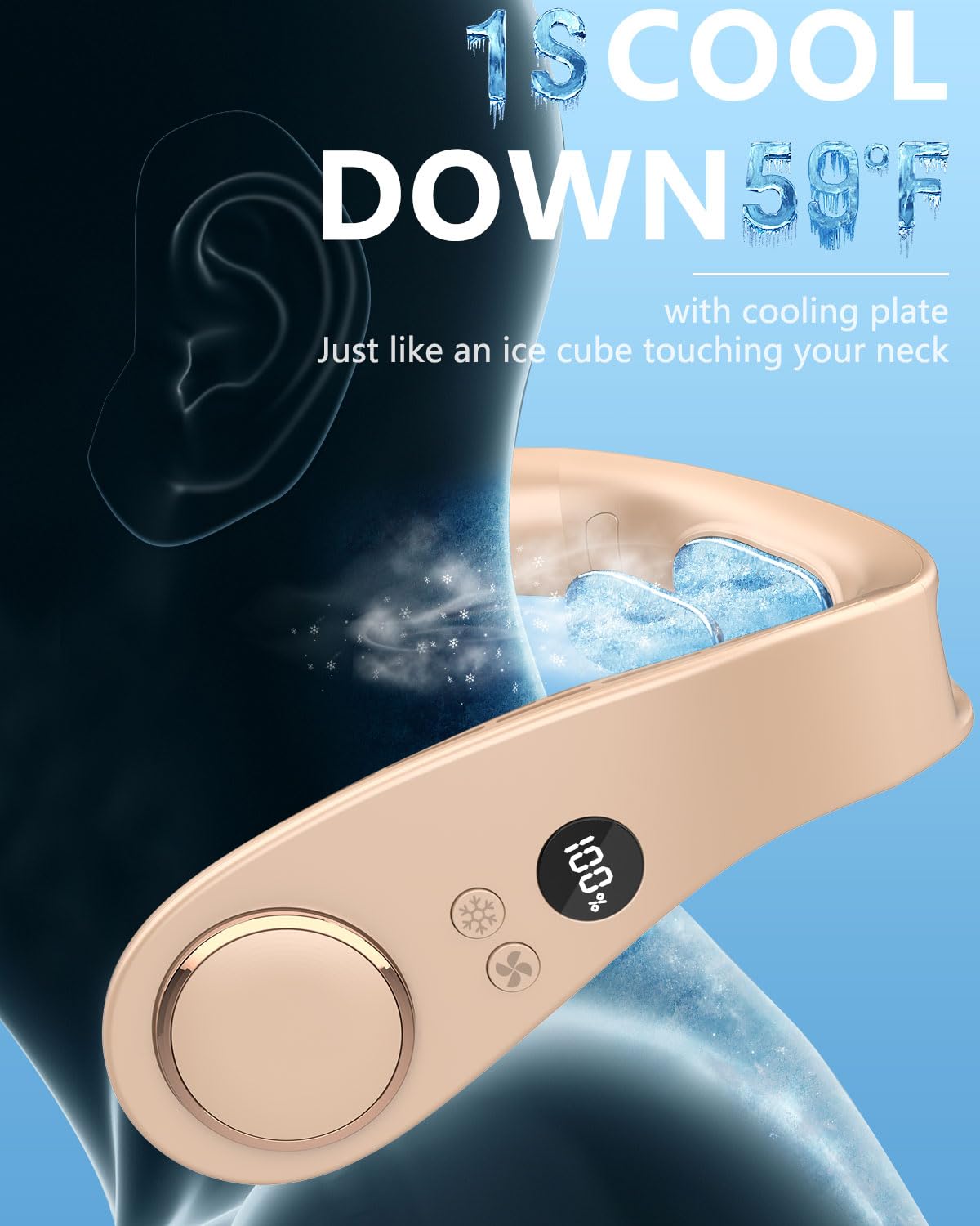 FWV Neck Fan with Cooling Plate, Quiet 30dB, 3-24Hrs Cooling,5500mAh Battery,LED Display Necklace AC Cooler, USB Bladeless Portable Personal Wearable Fans that Blow Cold Air for Men Women Kids Black