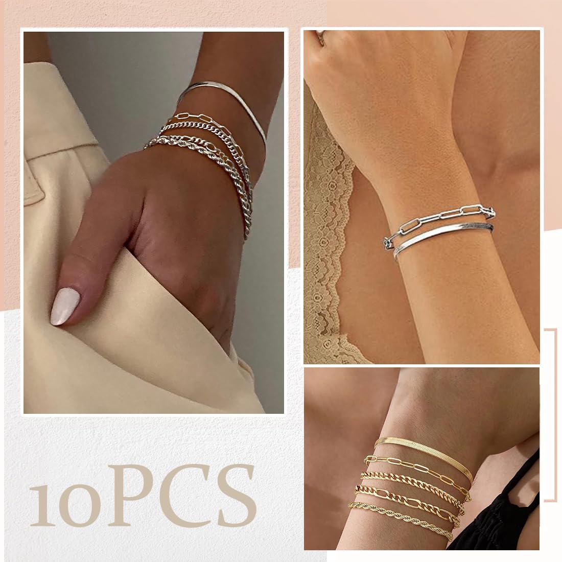 QOWUXHZ 10 Stück Armband Edelstahl Damen Armband Damen Gold Silber Verstellbare Armband Set Verstellbare 16+5 Cm Liebe Geschenk Für Frauen Mädchen