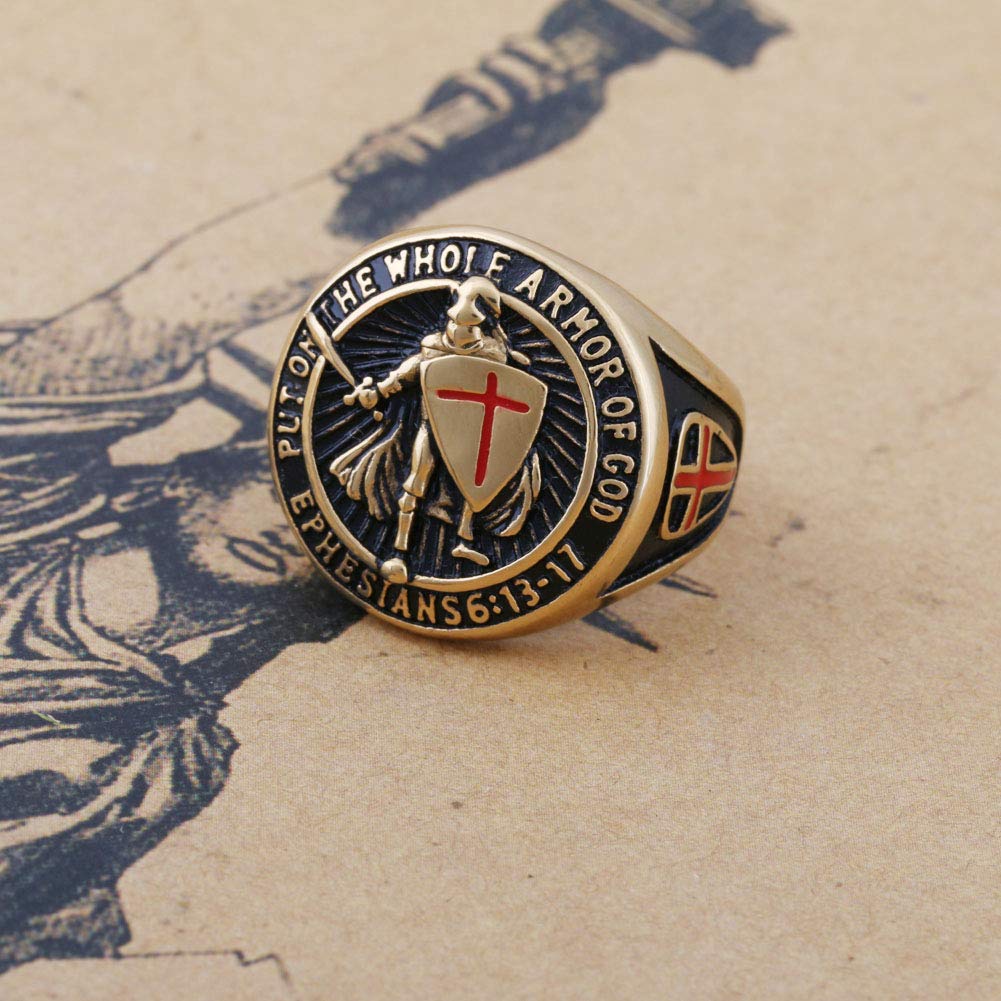KOVEVE Put On The Whole Armor Of God Prayer Mens Cool Jewelry Ring Knights Templar, Gold