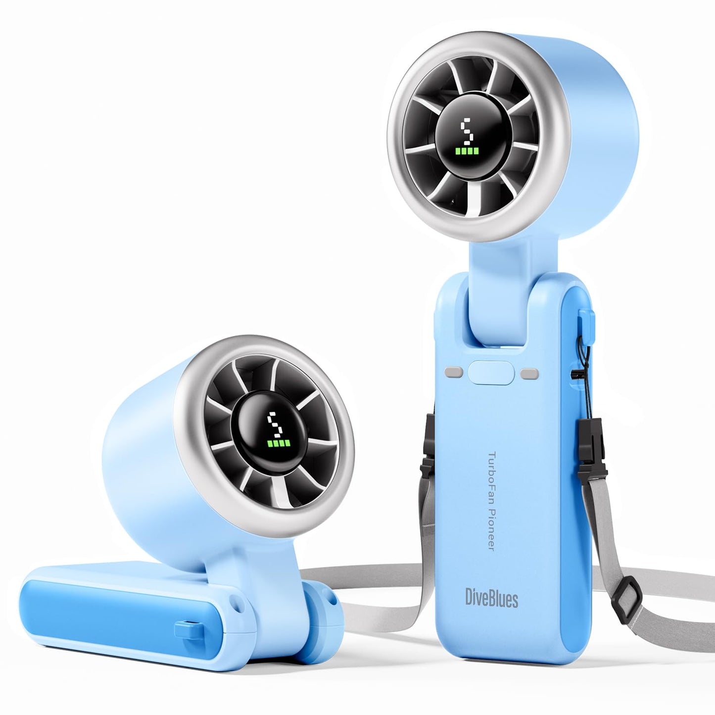 Diveblues Portable Handheld Turbo Fan, 5 Gear Wind, Battery Operated, Up to 12 Working Hours, 3 IN 1 Hand Fan with Air Turbo Tech Cooling Fan for Outdoor Activities, Travel, Working, Silvery white