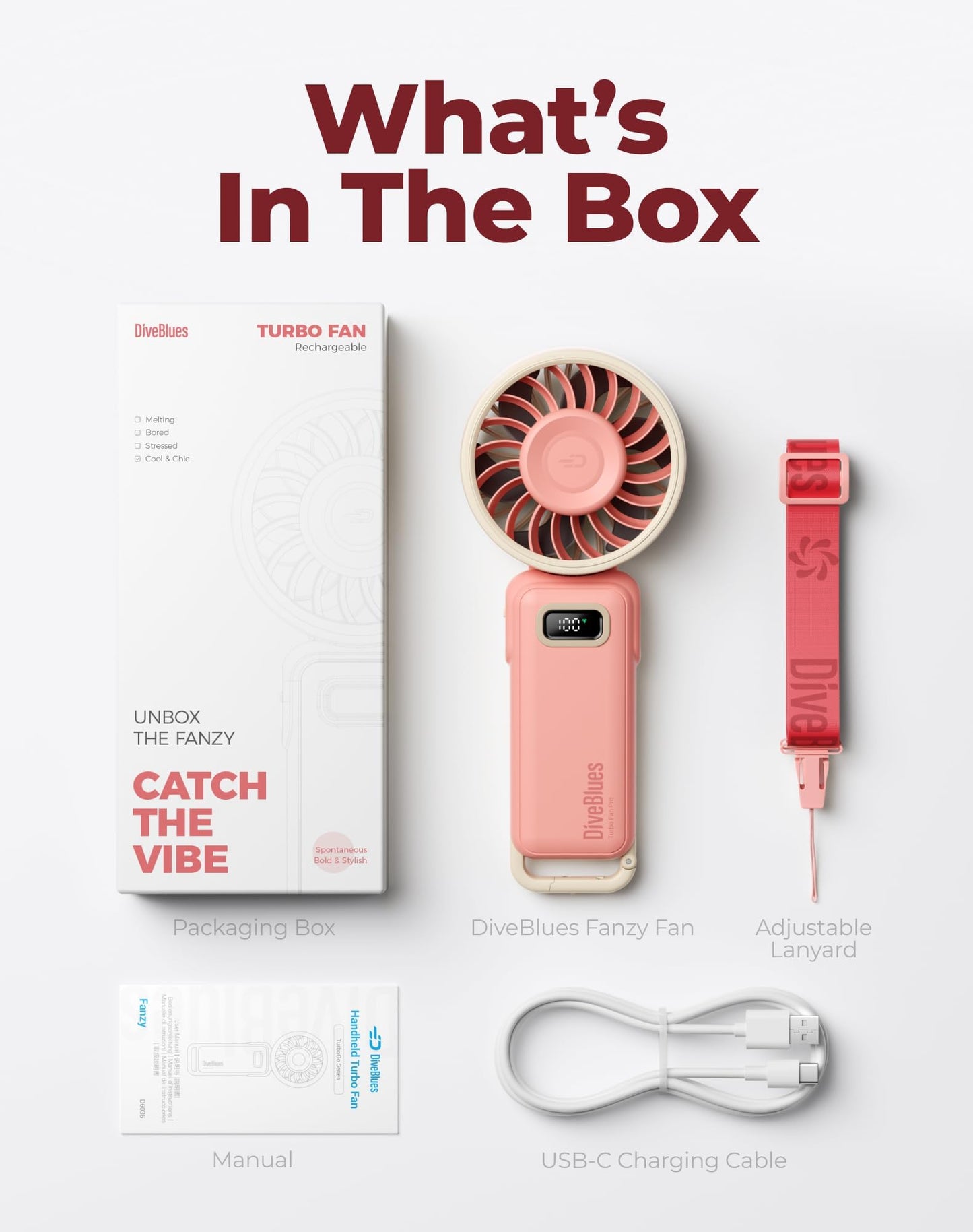 Diveblues Portable Handheld Fan D6036 Cream | 7.4m/s High Speed Turbo, 180° Foldable 4-in-1, Personal Neck Fan with Carabiner Clip, 100 Speed Stepless Control