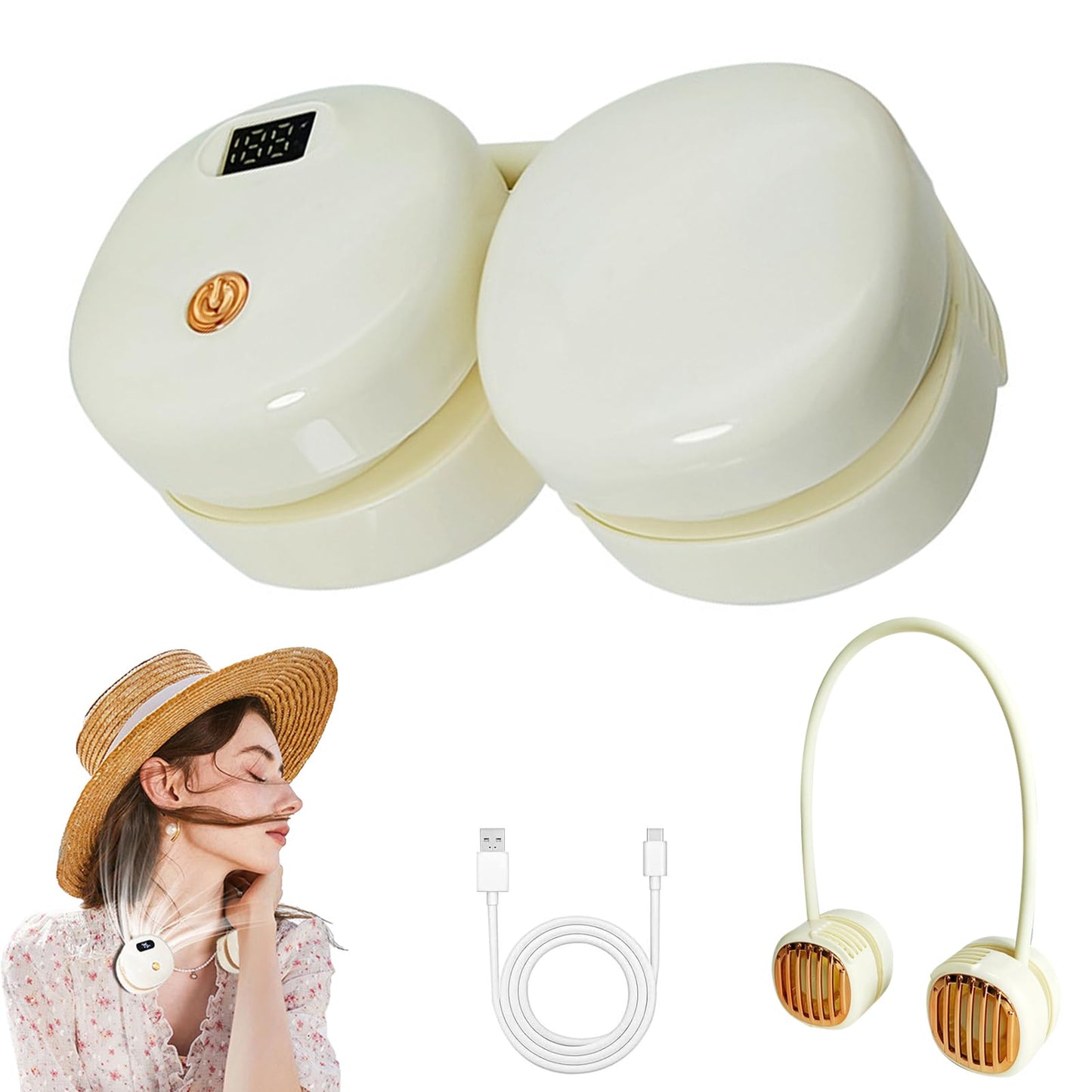 Foldable USB Rechargeable Neck Hanging Fan, 360° Flexibler Faltbarer Halsventilator, Wiederaufladbar Nackenventilator mit LED-Anzeige & 3 Stufen, Leise Persönlicher Ventilator für Büro Reisen (Weiß)