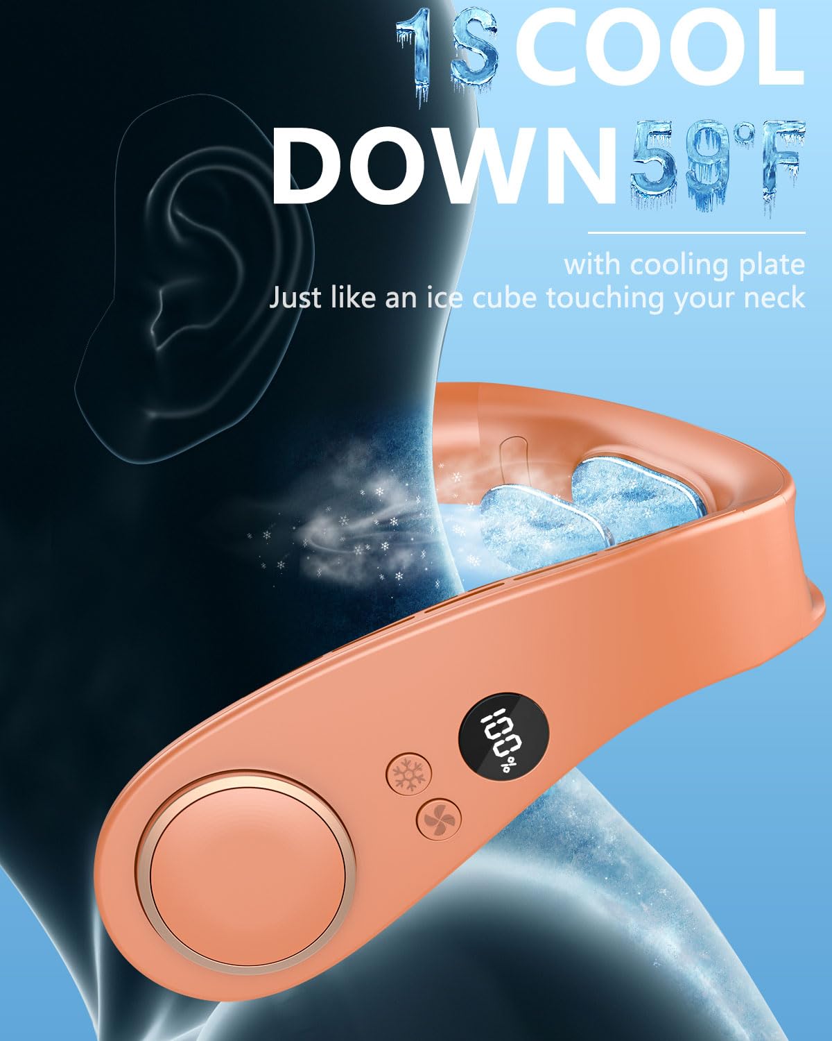 FWV Neck Fan with Cooling Plate, Quiet 30dB, 3-24Hrs Cooling,5500mAh Battery,LED Display Necklace AC Cooler, USB Bladeless Portable Personal Wearable Fans that Blow Cold Air for Men Women Kids Black