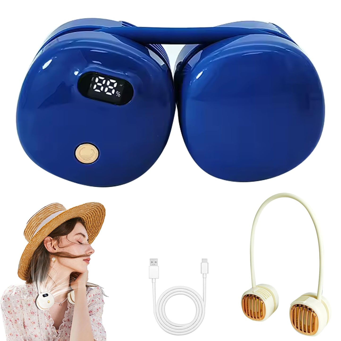Foldable USB Rechargeable Neck Hanging Fan, 360° Flexibler Faltbarer Halsventilator, Wiederaufladbar Nackenventilator mit LED-Anzeige & 3 Stufen, Leise Persönlicher Ventilator für Büro Reisen (Weiß)