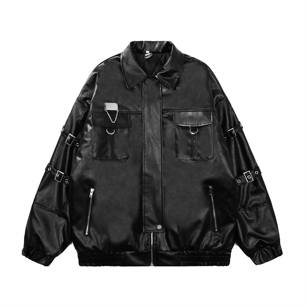 Lace-up Design Sense Motorcycle Clothing Leather Coat Men's Rock Loose PU Leather Jacket