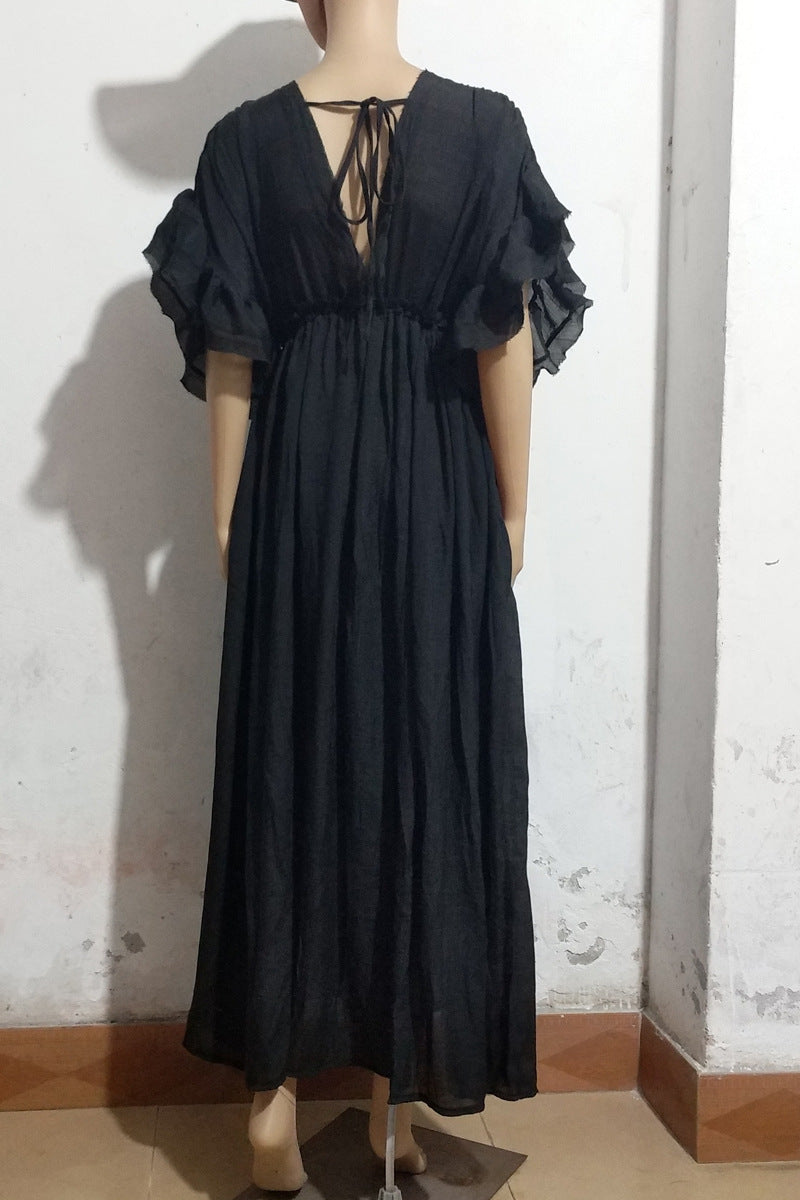 Einfarbiger Strandüberwurf, geflammter Stoff, Knopf-Taillengurt, langes Kleid, Sonnenschutzhemd