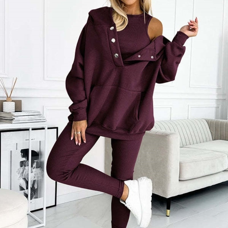 Athleisure-Kapuzenpullover mit eng anliegender Weste und Hose aus dickem Faden, dreiteiliges Set