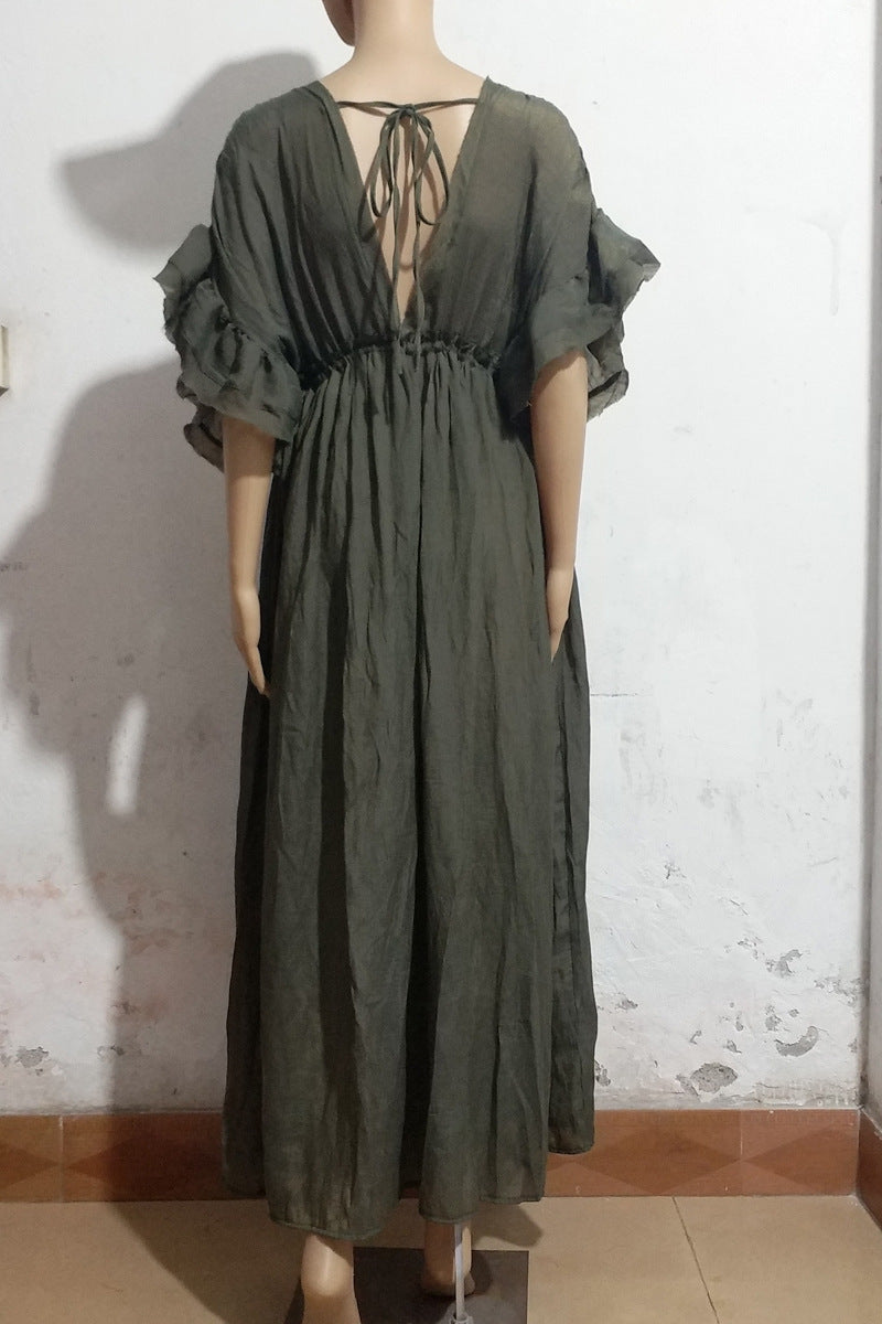 Einfarbiger Strandüberwurf, geflammter Stoff, Knopf-Taillengurt, langes Kleid, Sonnenschutzhemd