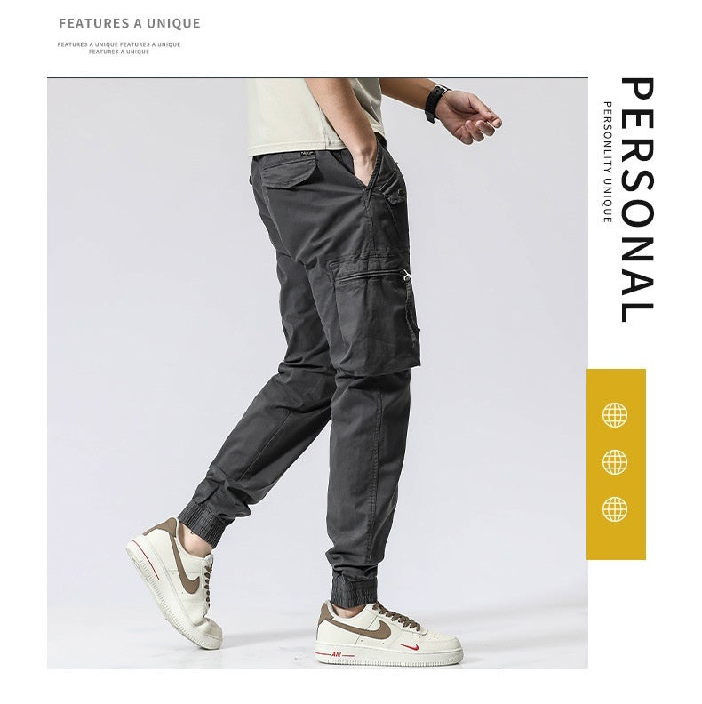Freizeithose Trendy Brand Elastische Taille Herren Jugend Einfache Reine Baumwolle Multi-Pocket Arbeitshose Hose Knöchelgebunden