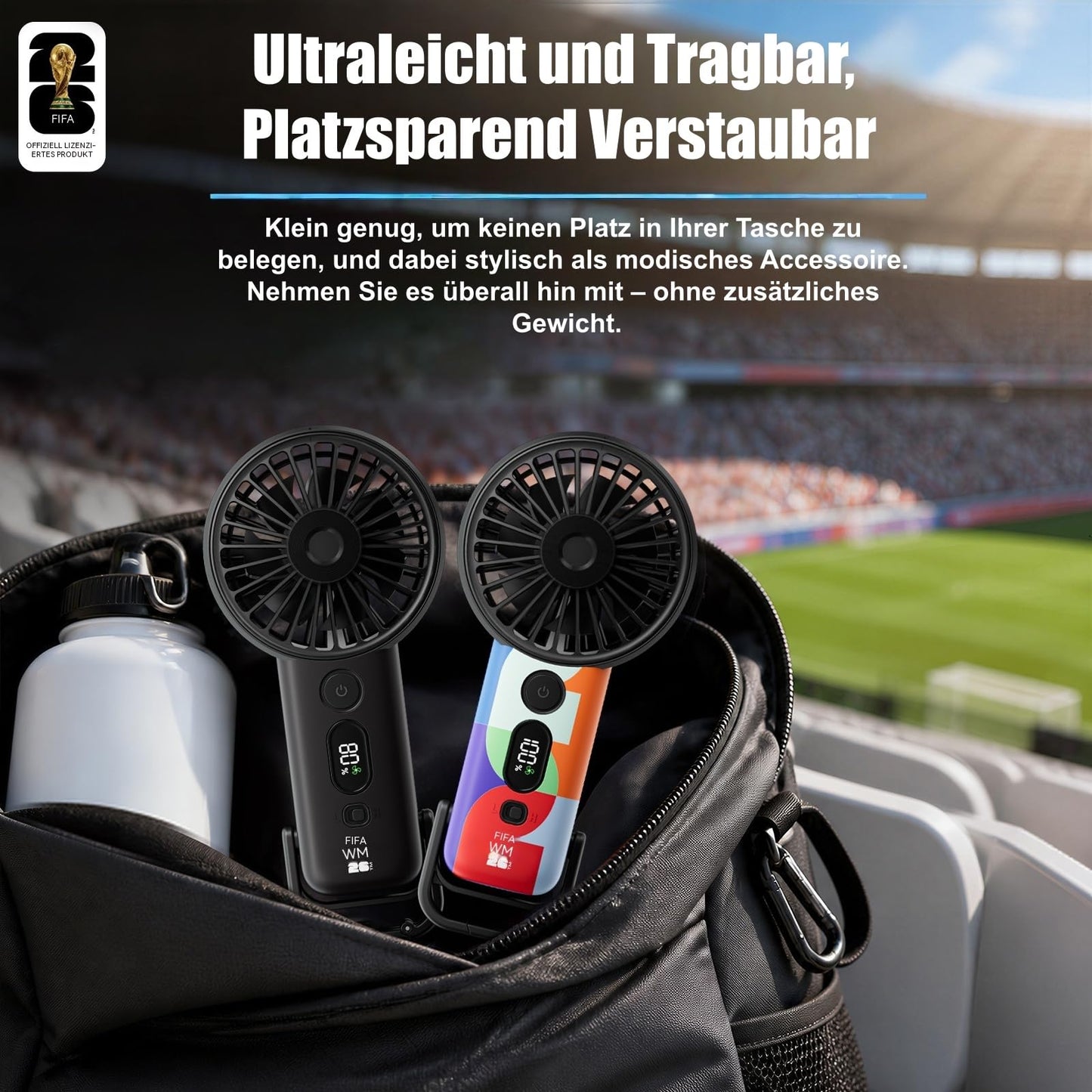 Covbozk FIFA WM 2026 lizenzierter Hand-Turbo-Ventilator, tragbar mit 5 Stufen, 4.000mAh Akku, LED-Anzeige & Taschenlampe, Tisch-/Aufhängefunktion, Fußball Geschenk (Schwarz)