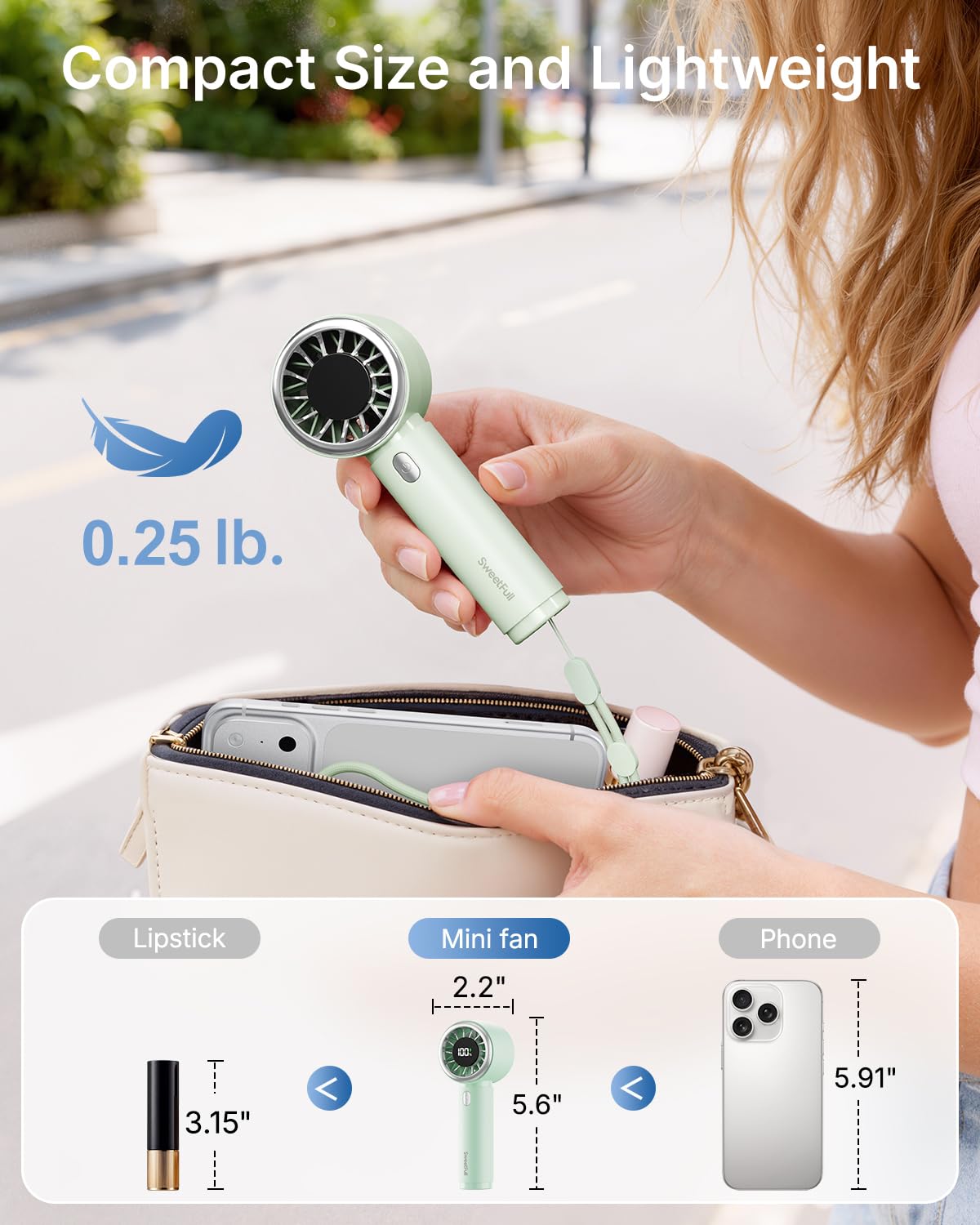 SWEETFULL Mini Fan Portable - Cute Handheld Turbo Fan with Rechargeable Battery, 5 Speeds, Small Hand Personal Travel Essentials for Women, Girls, Kids, Lash, Makeup - Pink