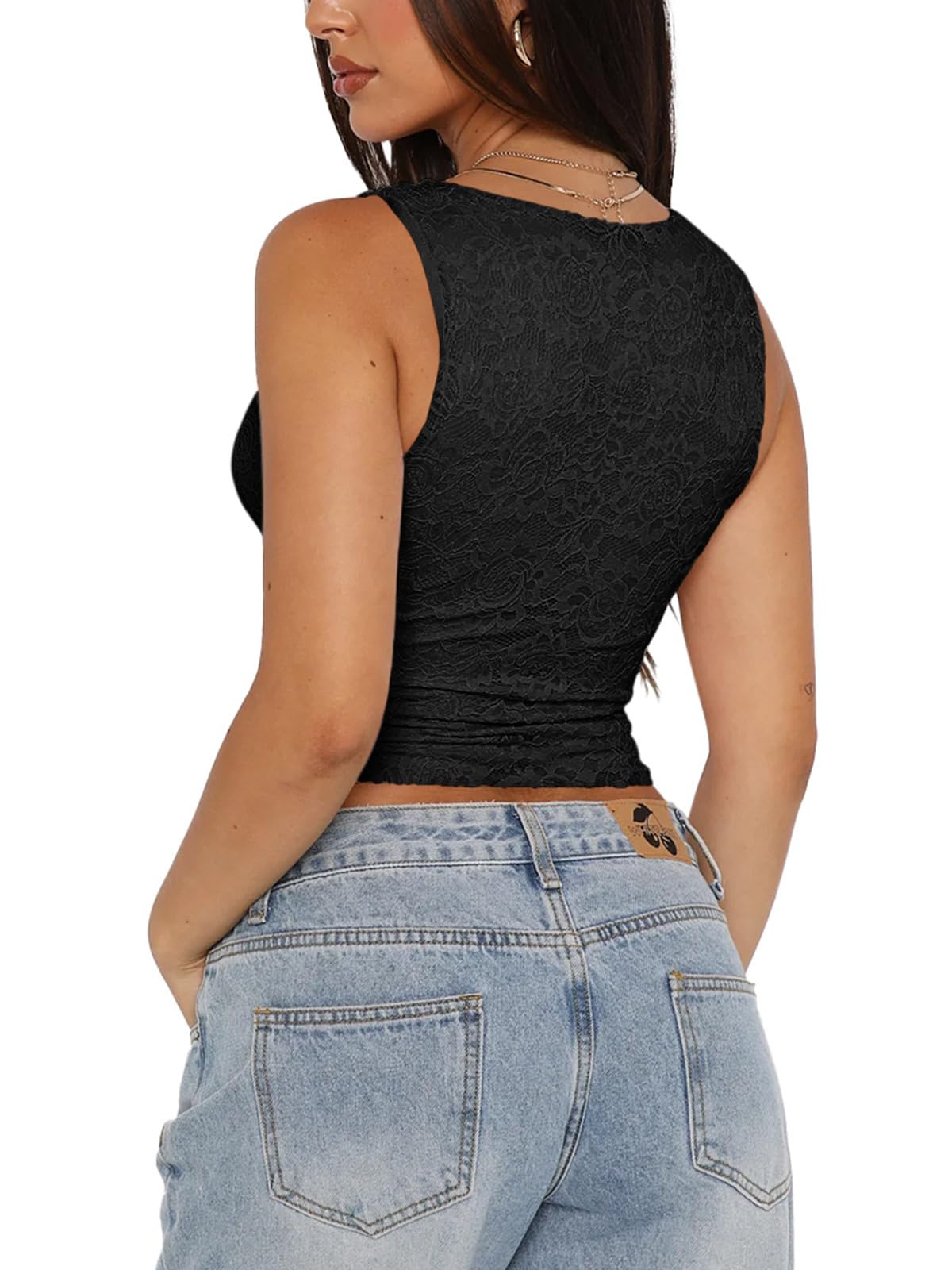 REORIA Damen-Sommertops, sexy, V-Ausschnitt, ärmellos, doppelt gefüttert, modisch, zum Ausgehen, Y2K-Tanktops, trendige, schlankmachende Spitzen-Crop-Tops für Teenager-Mädchen, Schwarz, Medium