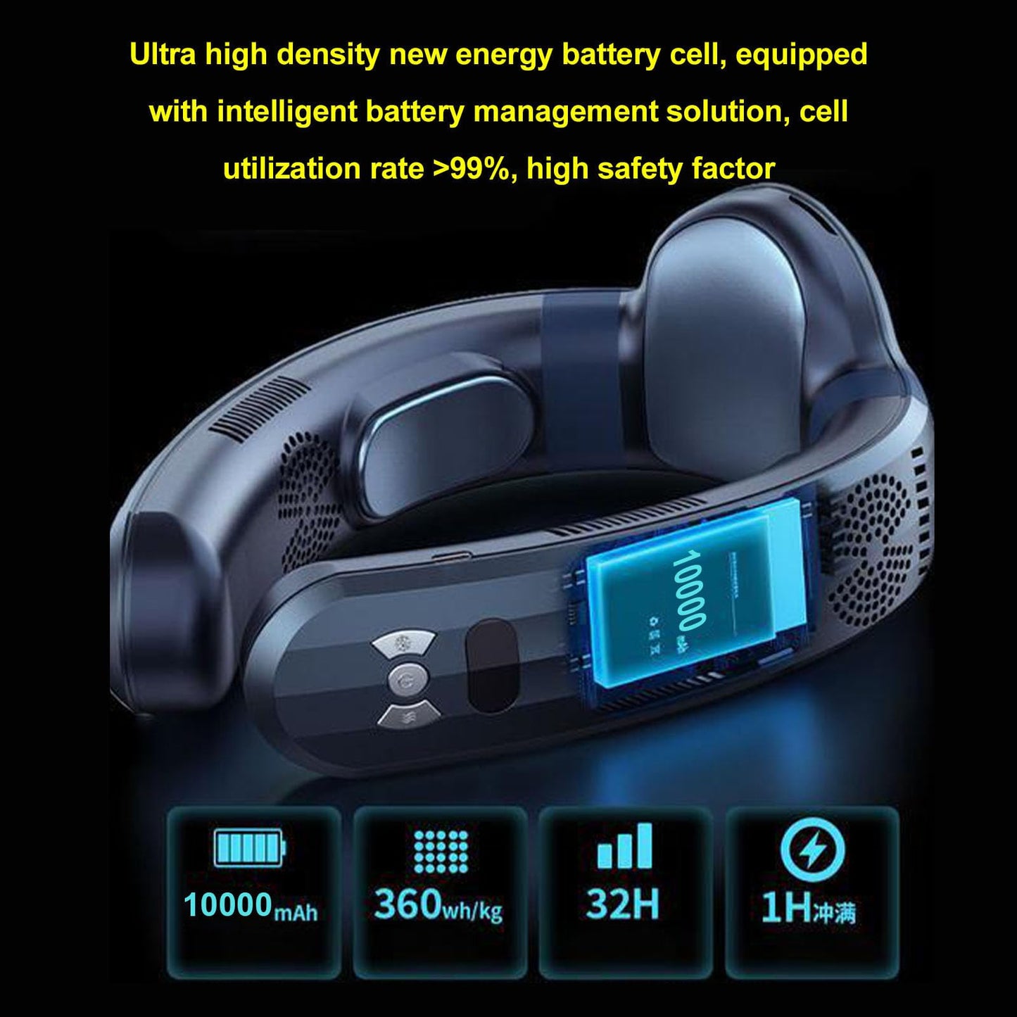 Tragbarer Nackenventilator mit Kühlung und Heizung, wiederaufladbarer tragbarer Ventilator mit 10.000 mAh, 3 Geschwindigkeiten, Halbleitertechnologie, leise für Reisen, Strand, (Helles Schwarz)
