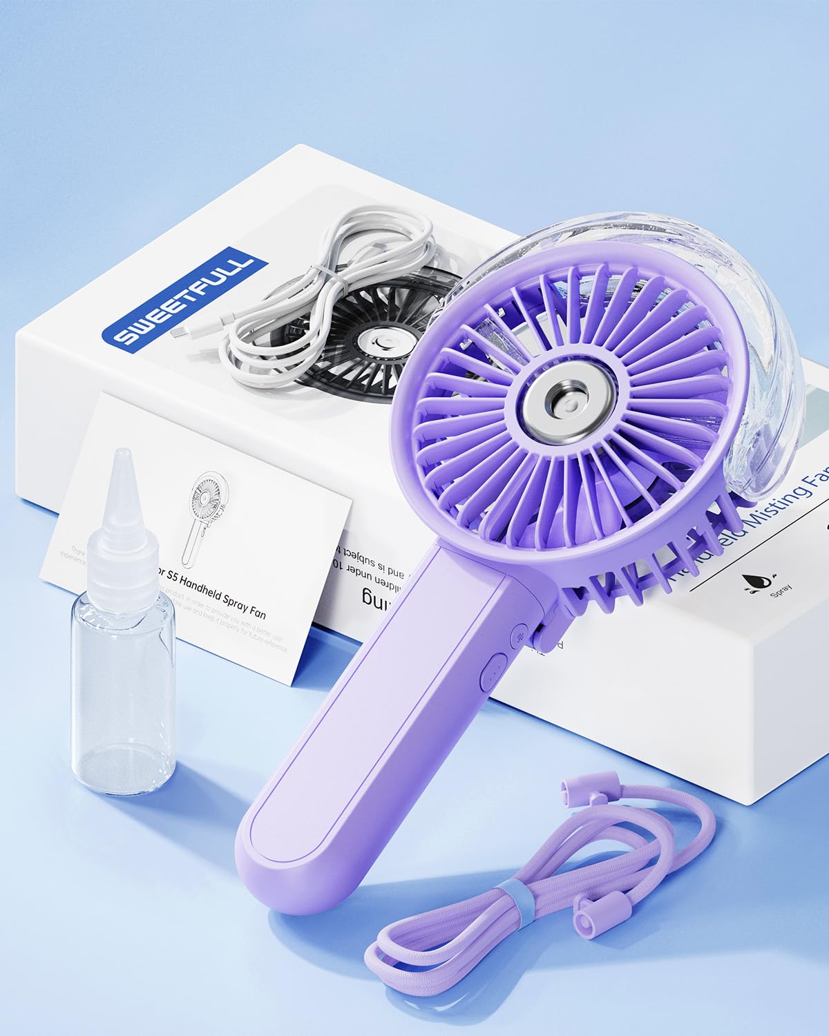 SWEETFULL Portable Misting Fan - 180° Foldable Handheld Personal Fan with Mist Spray, 3 Speeds, 30ml Water Tank, USB Rechargeable - Ideal for Travel, Outdoors, Makeup, Camping, Home, and Office Use