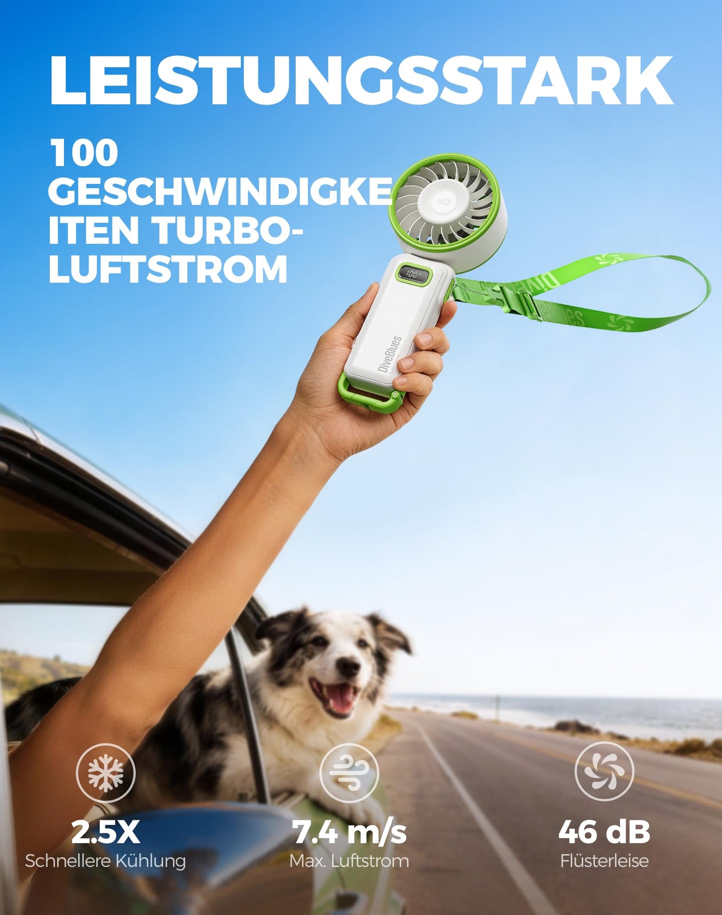 Diveblues Handventilator Tragbarer Turbo-Ventilator mit 100 Stufen und 7,4m/s Starkem Luftstrom, 180° Faltbarer 4-in-1 Mini-Ventilator für Hand, Hals und Tisch, Aufladbar für Sommer, Reise und Outdoor