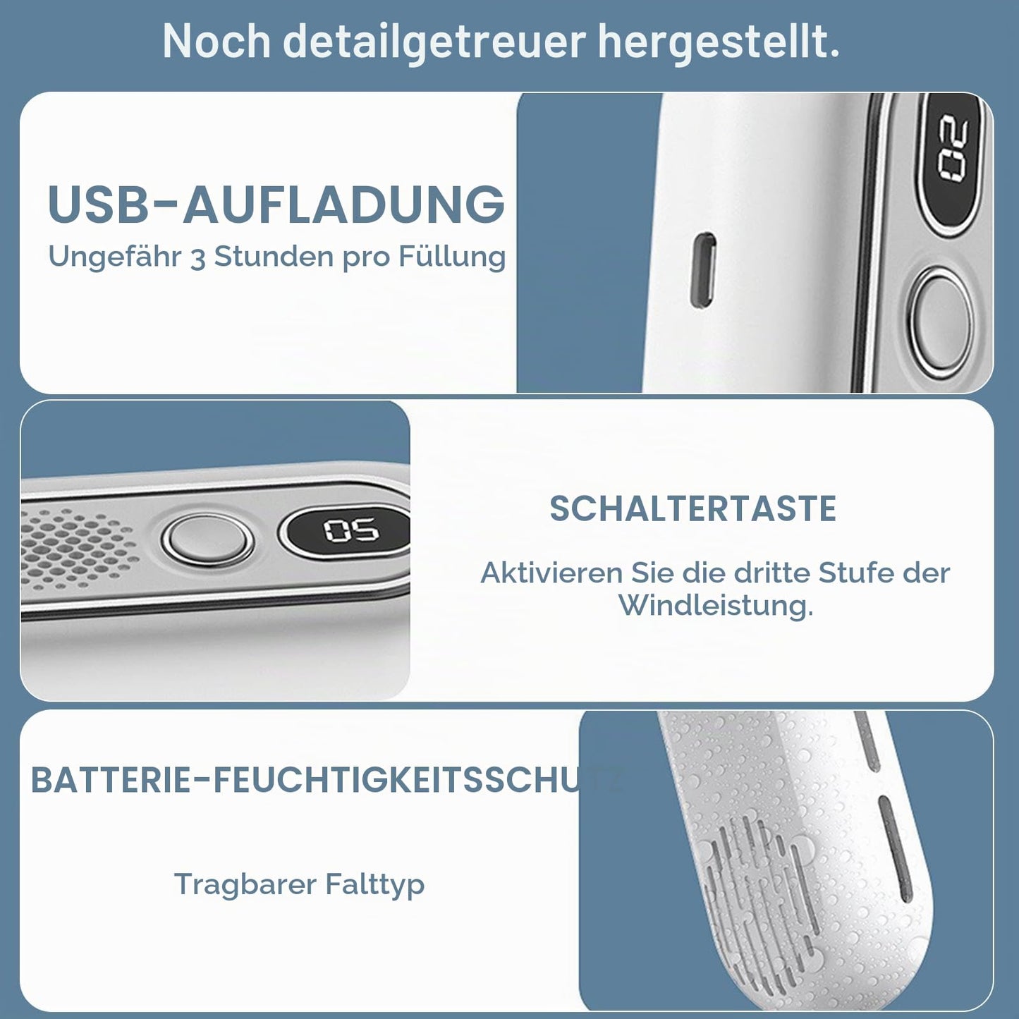 Faltbarer Halsventilator, ohne Flügel, tragbar, Luftstrom 360°, USB-Ventilator, wiederaufladbar, 3000 mAh, 3 Geschwindigkeitsstufen, USB-Halsventilator mit LED-Anzeige, für Sport und Reise (weiß)